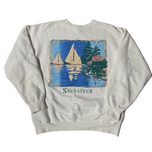 Vintage Saugatuck Michigan Puff Print Sweatshirt Sailboats Lake Vacation Pockets